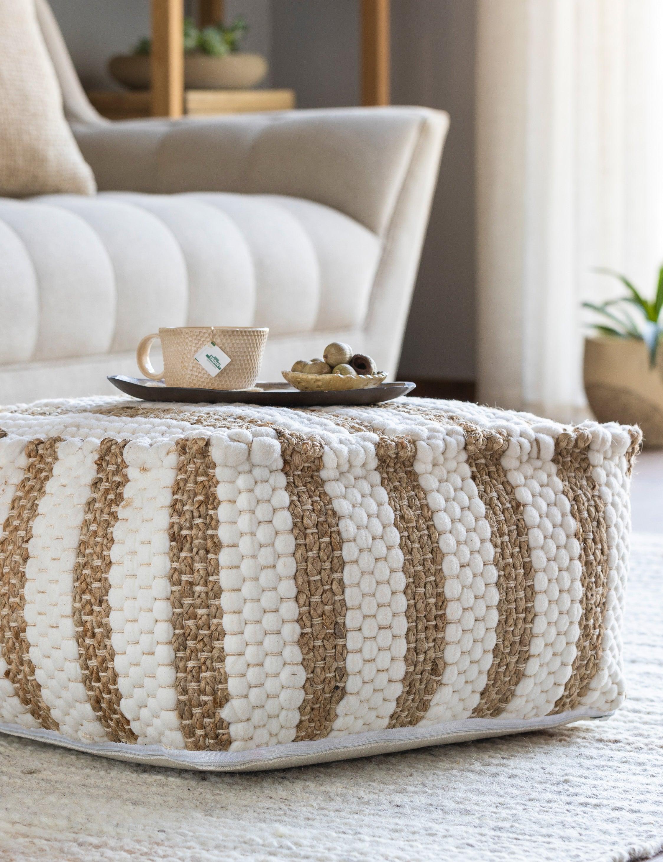 Oak Cove Khaki and White Striped Jute-Cotton Pouf