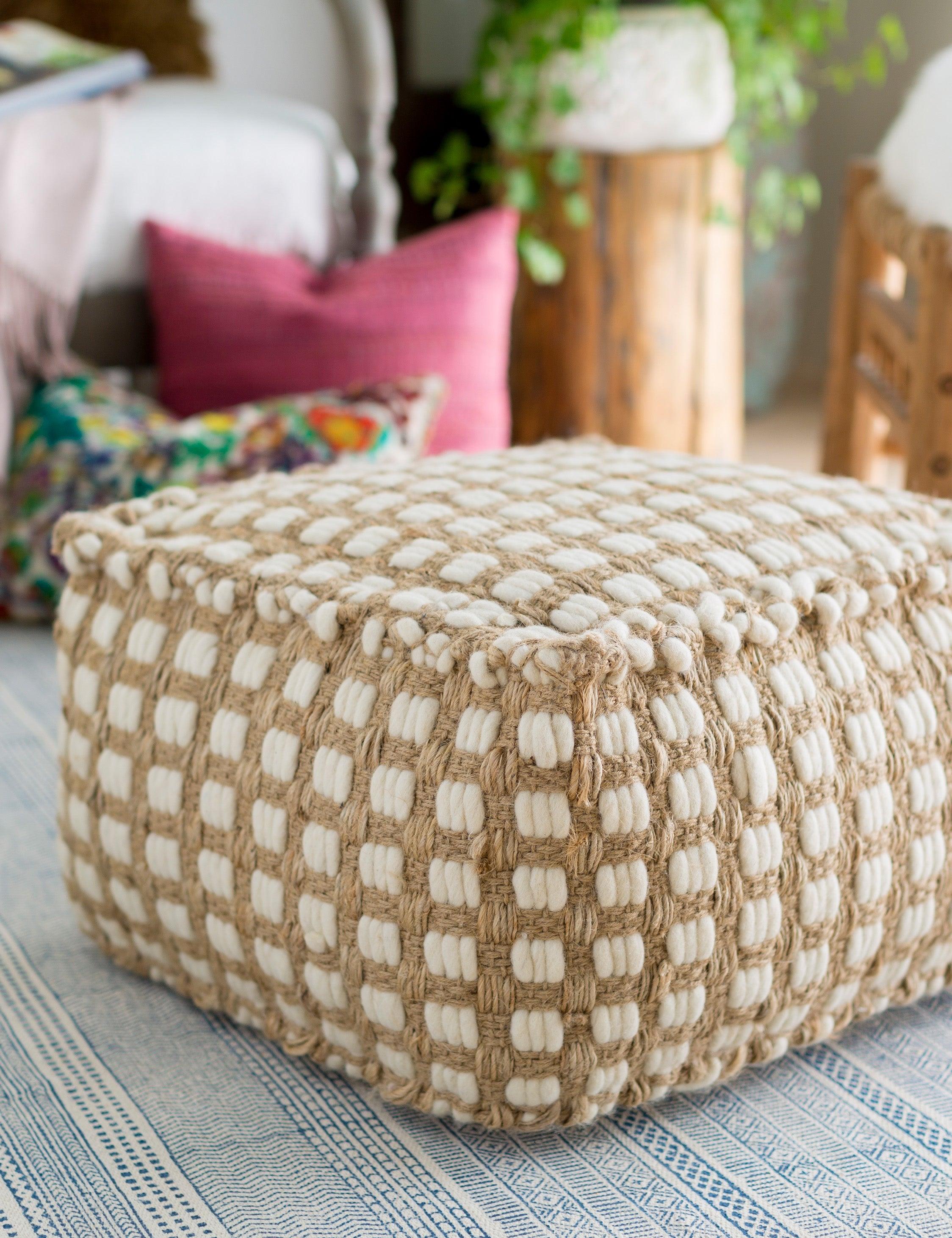 Mahina Handwoven Jute and Cotton Checked Pouf in Khaki and White