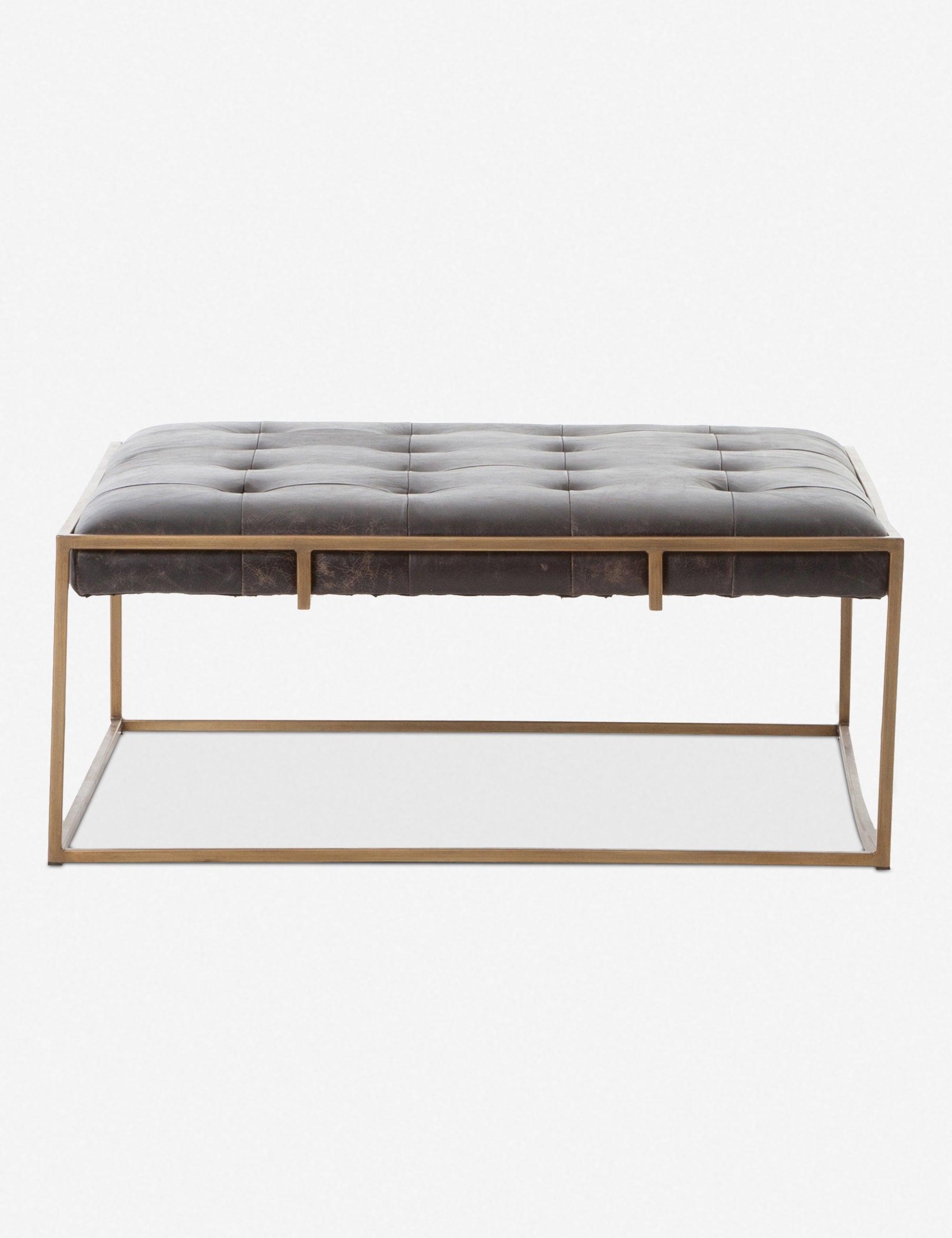 Olwina Distressed Leather Square Coffee Table in Brass-Tone