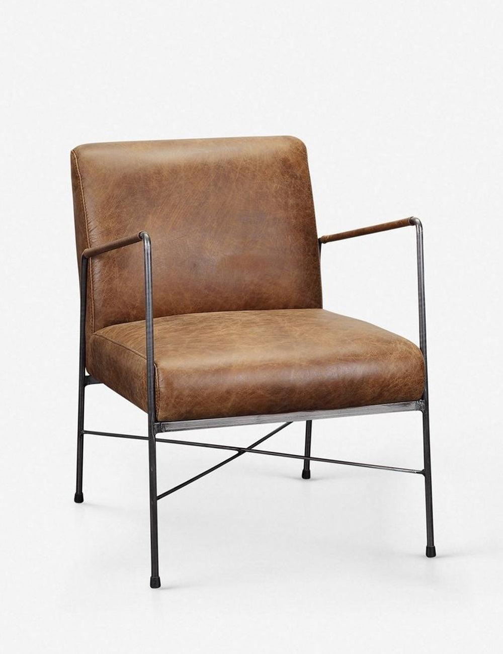 Transitional Dagwood Brown Leather Armchair with Metal Frame