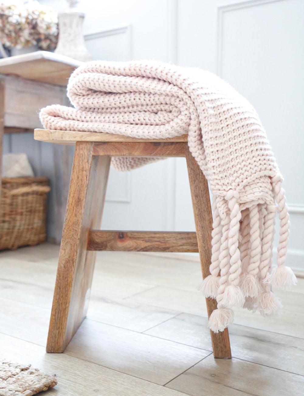 Blush Chunky Textured Weave Embroidered Throw with Braided Tassels