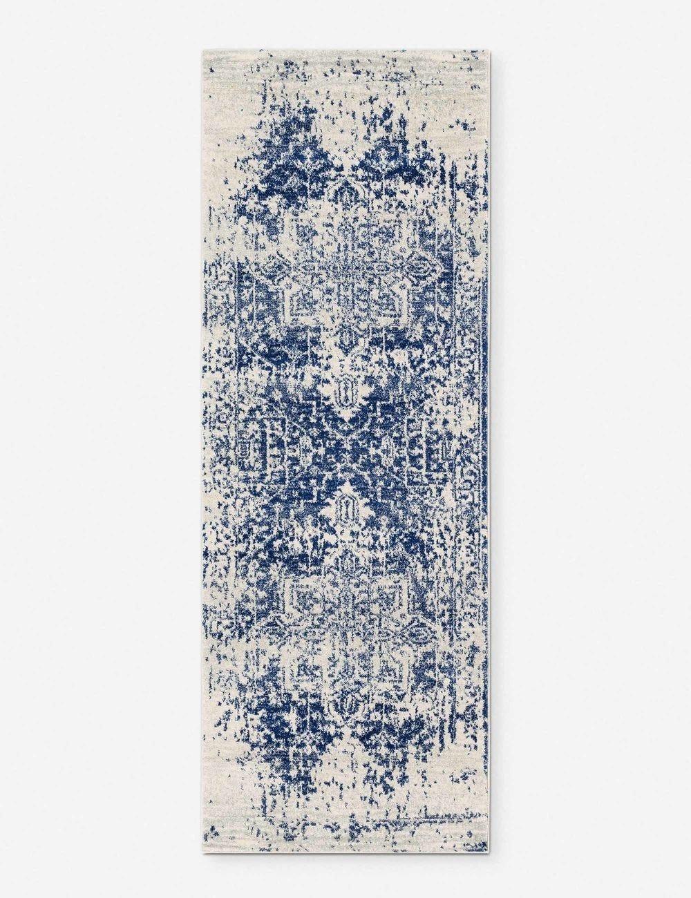 Reversible Blue and White Synthetic Runner Rug, 31"x8"