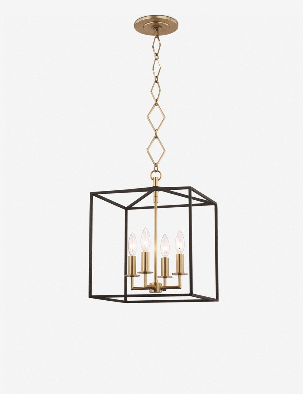 Elegant Aged Brass 4-Light Square Pendant with Textured Black Accents