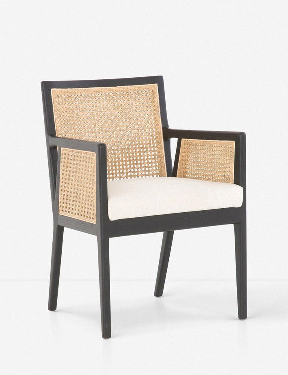 Savile Flax Linen & Cane Upholstered Arm Chair in Brushed Ebony