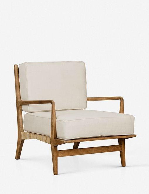 Handcrafted Off-White Cotton and Teak Rattan Accent Chair