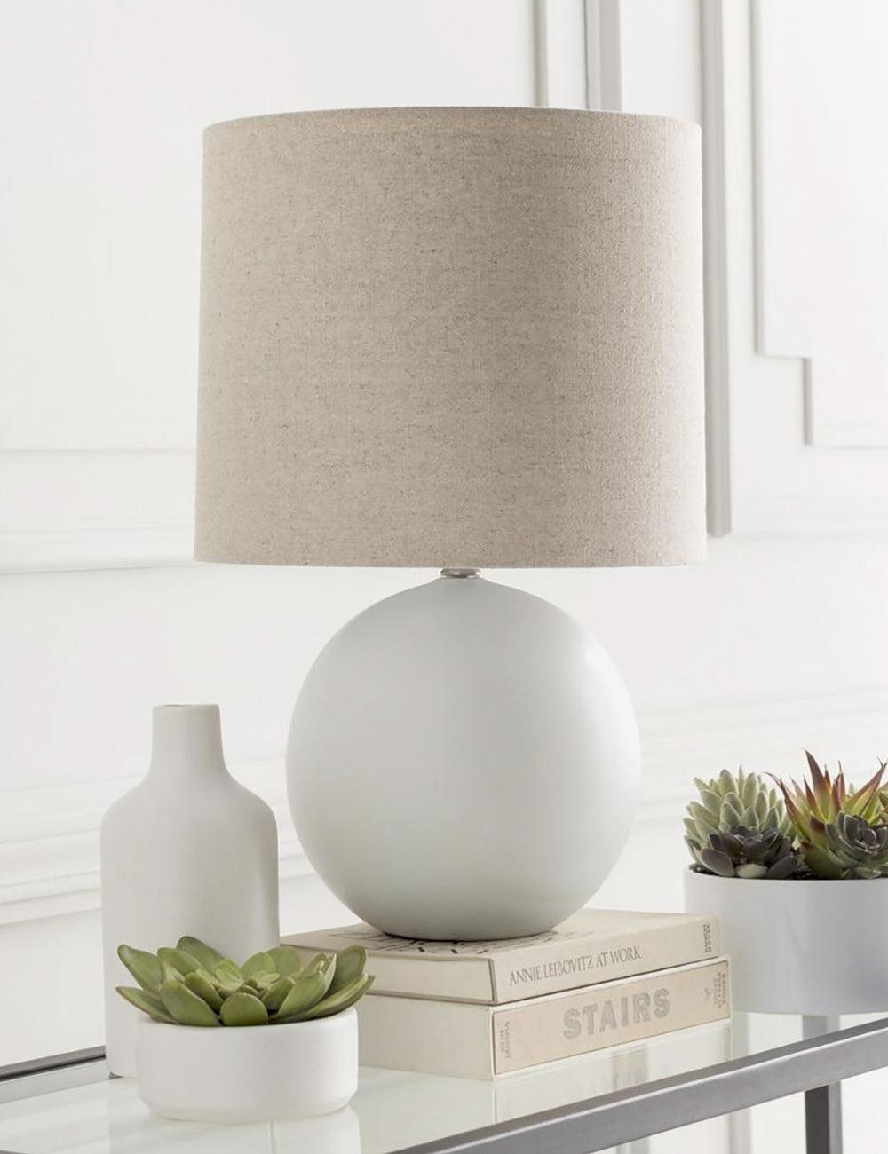 Vivienne Airy Sphere White Ceramic Table Lamp with Linen Shade