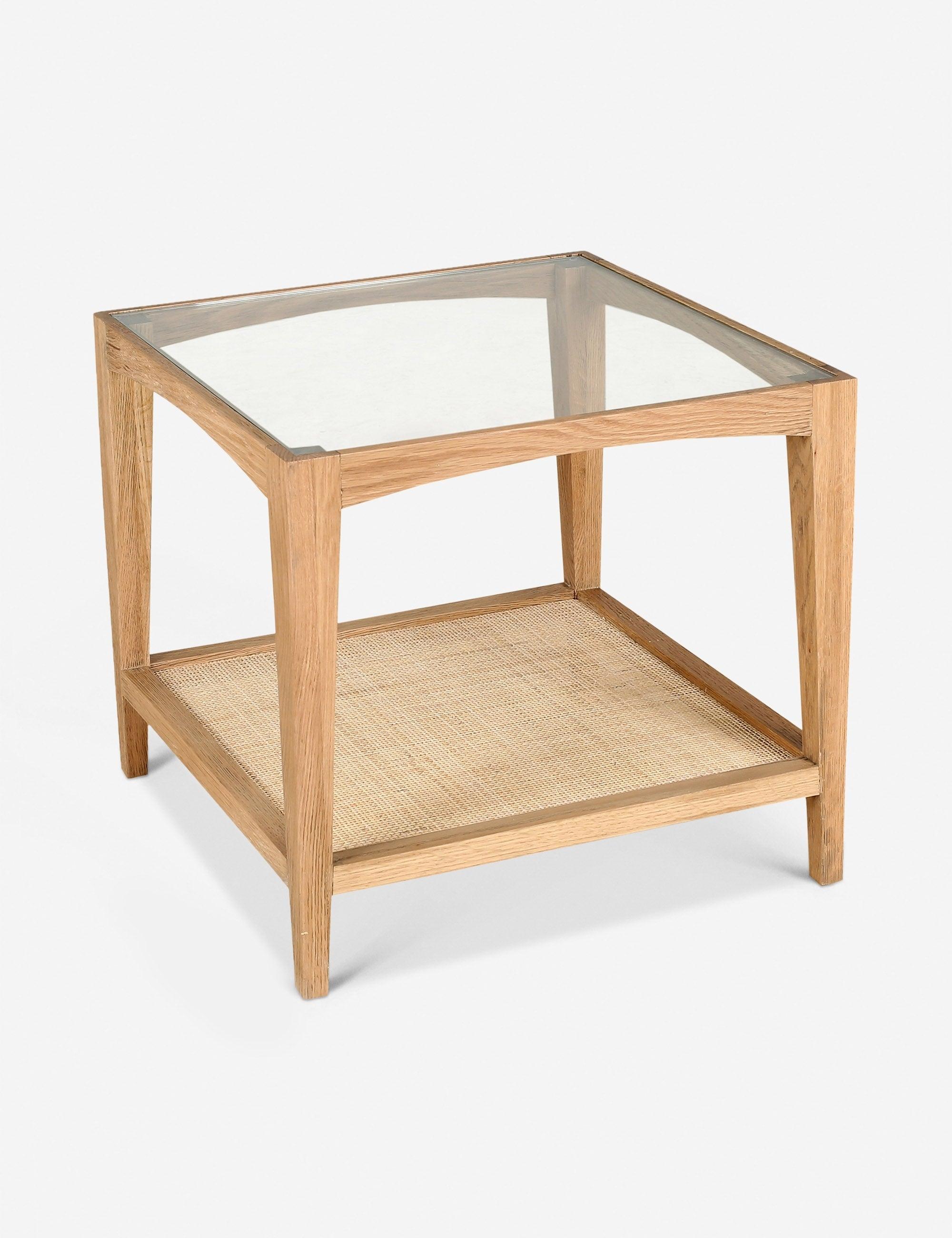 Natural Oak and Tempered Glass Side Table with Cane Shelf