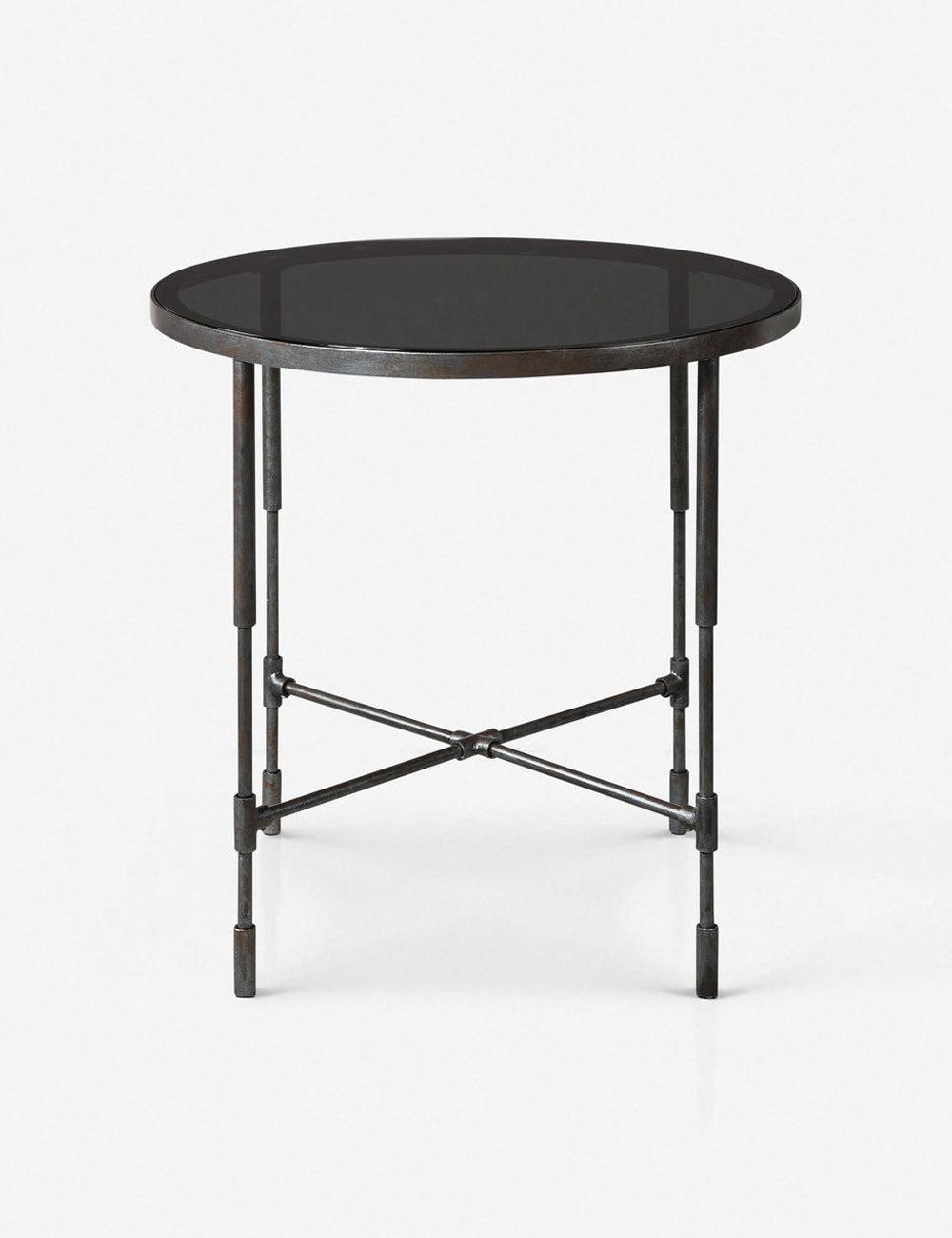 Contemporary Industrial Round Side Table with Smoked Glass Top