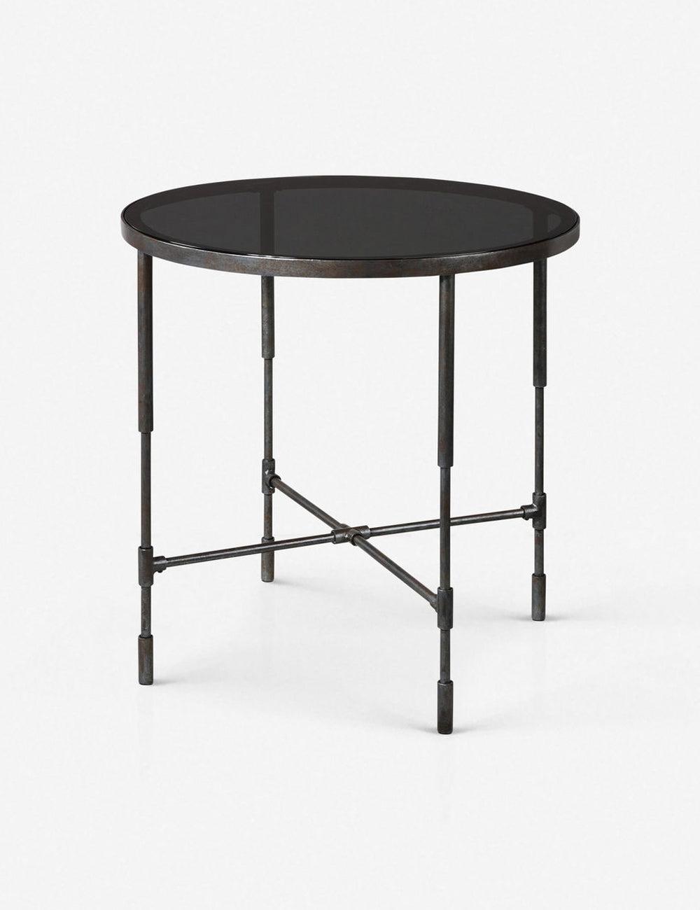 Contemporary Industrial Round Side Table with Smoked Glass Top