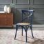 Midnight Blue Rustic Farmhouse Elm Wood Side Chair with Rattan Seat