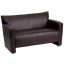 Modern Brown Faux Leather Loveseat with Flared Wooden Arms