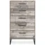 Transitional Whitewash Pine 5-Drawer Chest with Pewter-Tone Pulls