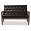 Sorrento Mid-Century Black Faux Leather Tufted Loveseat with Wood Legs