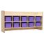 Natural Wood Wall Storage with Purple Plastic Bins