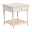 Distressed White Wood End Table with Cane Shelf and Drawer