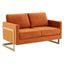 Elegant Orange Velvet Loveseat with Gold Metal Legs