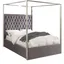 Regal Grey Velvet Tufted Queen Canopy Bed with Chrome Frame