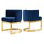 Navy Velvet Upholstered Low Arm Chair with Gold Stainless Steel Base