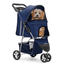 Navy Blue Foldable Pet Stroller with Storage Basket and Cup Holder