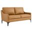 Tan Mid-Century Modern Faux Leather Loveseat with Wood Accents
