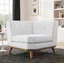 White Upholstered Fabric and Wood Corner Chair with Tufted Buttons