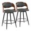 Walnut Wood and Black Metal Swivel Counter Stool Set with Gray Faux Leather