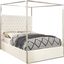 Regal White Velvet King-Sized Canopy Bed with Chrome Accents