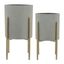 Putty Gray and Gold Iron Drum Planter Duo on Sleek Stands
