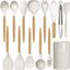 Cream White Heat Resistant Silicone Cooking Utensils Set with Wooden Handles