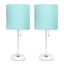 19.5" White Stick Table Lamp Set with Aqua Fabric Shades