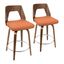 Walnut and Orange Mid-Century Modern Swivel Counter Stools