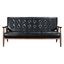 Sloped Arm Tufted Faux Leather Sofa in Black with Wood Accents