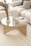 Natural Wood and Glass Round Coffee Table with Tri-Legged Base