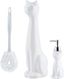 White Ceramic Cat Toilet Brush Holder and Soap Dispenser Set