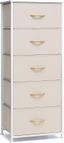 Beige Vertical 5-Drawer Fabric Dresser with Wood Handles