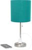 Teal Fabric Shade Brushed Steel Stick Table Lamp Set with Charging Outlet