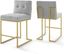 Gold Light Gray Upholstered Fabric Counter Stools with Stainless Steel Base, Set of 2