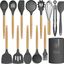 14-Piece Gray Silicone Cooking Utensil Set with Wooden Handles