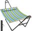 Double Quilted Blue and Green Fabric Hammock with Steel Stand