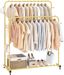 Gold Double Rods Portable Garment Rack with Wheels and Hooks