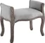 Light Gray French Upholstered Bench with Weathered Wood Legs