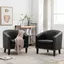 Black Faux Leather Barrel Chairs with Nailhead Trim, Set of 2