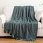 Dark Green and White Knitted Reversible Throw Blanket with Fringe