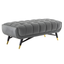 Gray Velvet Tufted Bench with Gold Accents and Tapered Legs