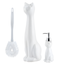 White Ceramic Cat Toilet Brush Holder and Soap Dispenser Set