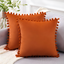 Burnt Orange Velvet Square Pillow Covers with Pom-Poms, Set of 2