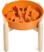 Sun Orange Ceramic Slow Feeder Dog Bowl with Wooden Stand