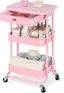 Pink 3-Tier Metal and Plastic Rolling Storage Cart with Tabletop