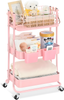 Pink 3-Tier Metal and Plastic Rolling Storage Cart with Tabletop