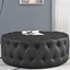 Black Tufted Round Faux Leather Cocktail Ottoman